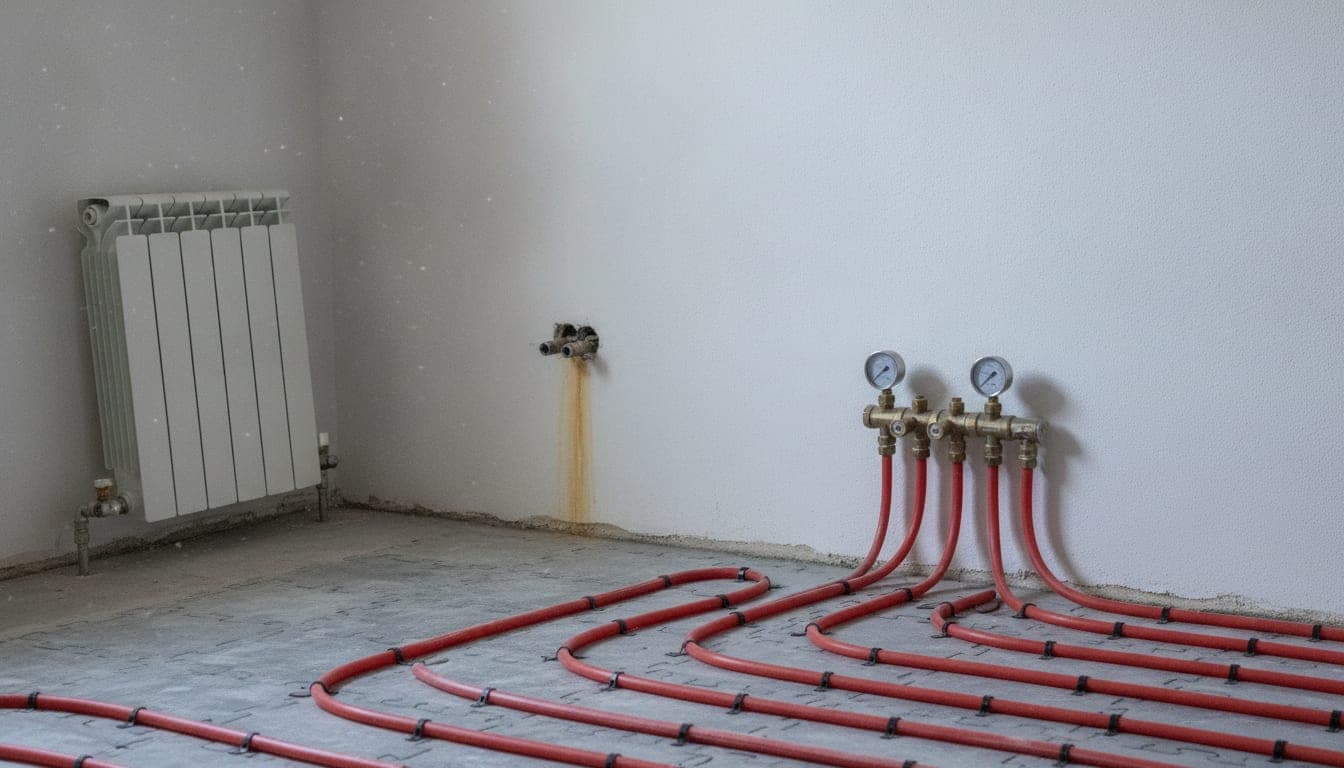 Vivienda en obra con los circuitos de tubo de suelo radiante grapados sobre el panel aislante y su colector de latón en la pared, junto a un radiador de panel antiguo todavía montado en la esquina