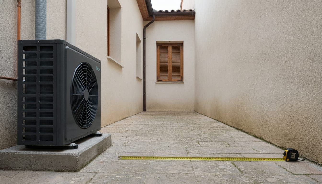 Unidad exterior de aerotermia sobre una bancada de hormigón con apoyos antivibratorios en un patio trasero, con una cinta métrica extendida por el pavimento hasta el muro medianero del edificio contiguo