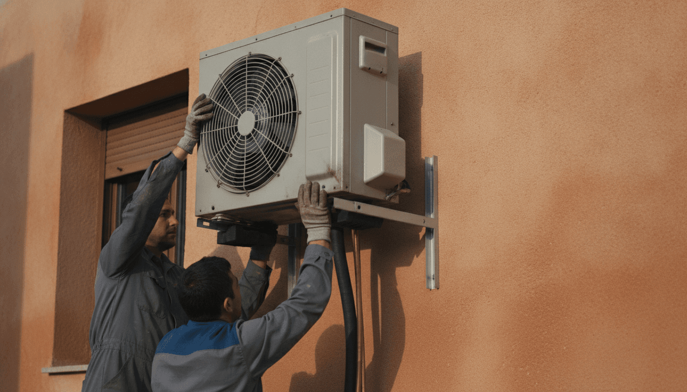 Dos instaladores colocan la unidad exterior de una aerotermia sobre sus soportes en la fachada de una vivienda, con las tuberías aún sin conectar.