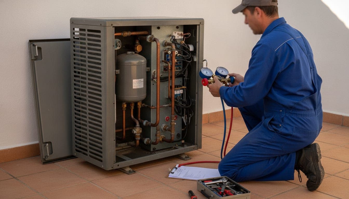 Técnico arrodillado junto a una unidad de aerotermia ya instalada, con el panel de servicio retirado y un juego de manómetros conectado: una revisión de mantenimiento, no un montaje