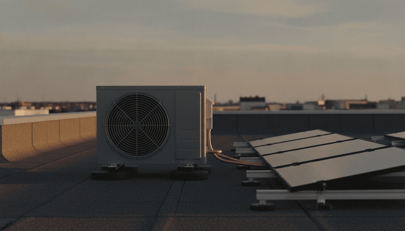 Unidad exterior de aerotermia junto a una hilera de paneles fotovoltaicos en la cubierta plana de una vivienda, con la luz baja del atardecer