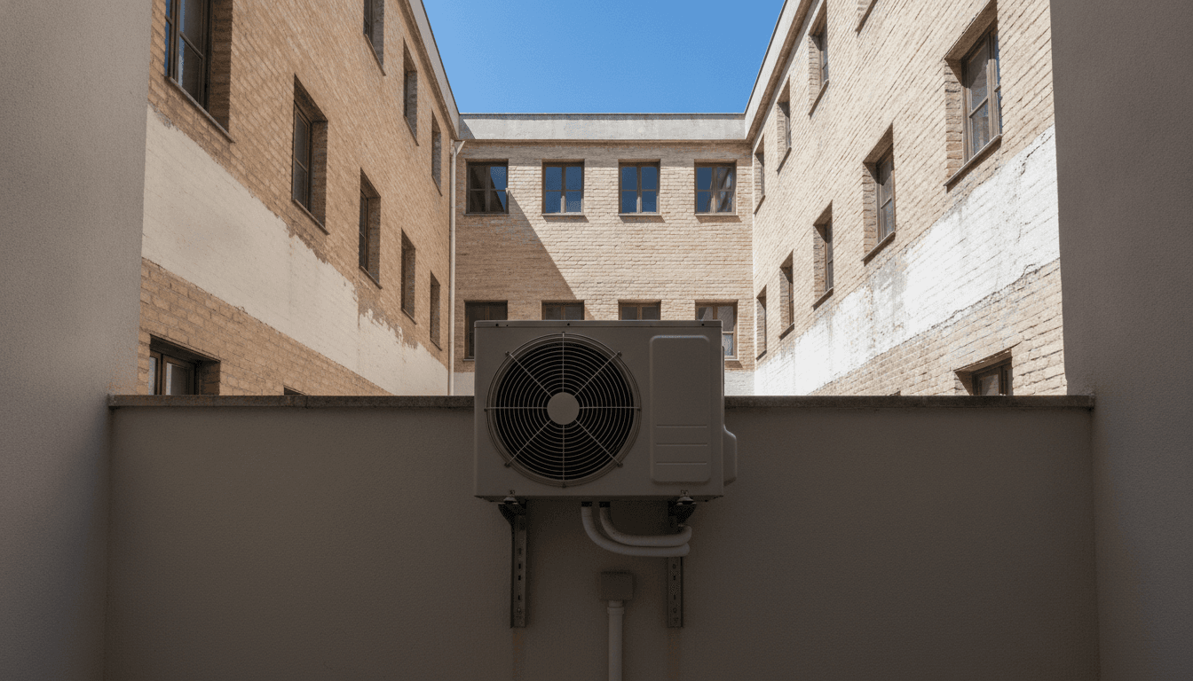 Unidad exterior de aerotermia sujeta con soportes metálicos en el patio interior de ladrillo de un edificio de viviendas, sin sobresalir hacia la fachada de la calle