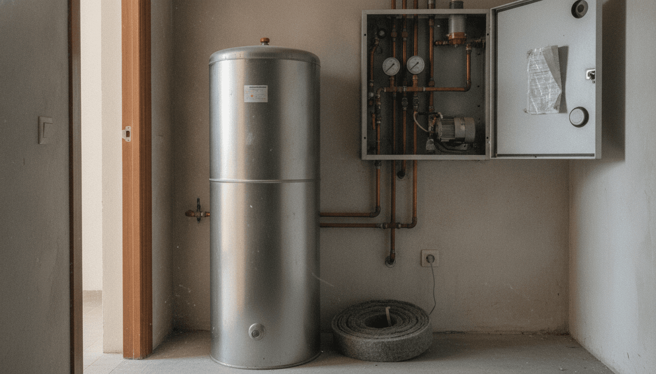 Unidad interior de aerotermia y depósito de agua caliente sanitaria instalados en el cuarto técnico de una vivienda de Zaragoza