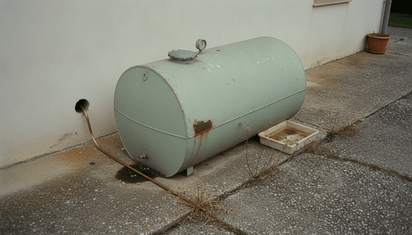 Depósito de gasóleo de calefacción de una vivienda unifamiliar, con la boca de llenado y el indicador de nivel, junto al muro exterior de la casa