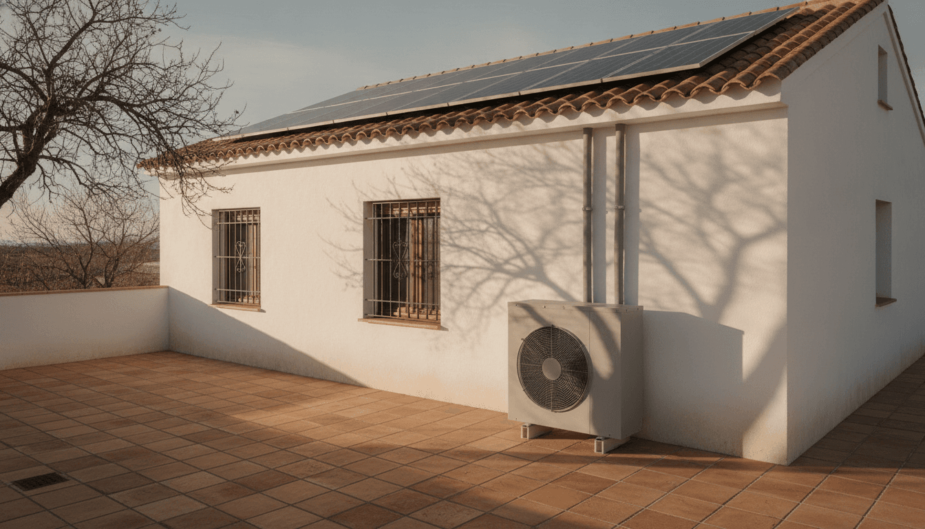 Vivienda española con las dos instalaciones en el mismo encuadre: paneles fotovoltaicos en la cubierta y la unidad exterior de una aerotermia en la terraza lateral
