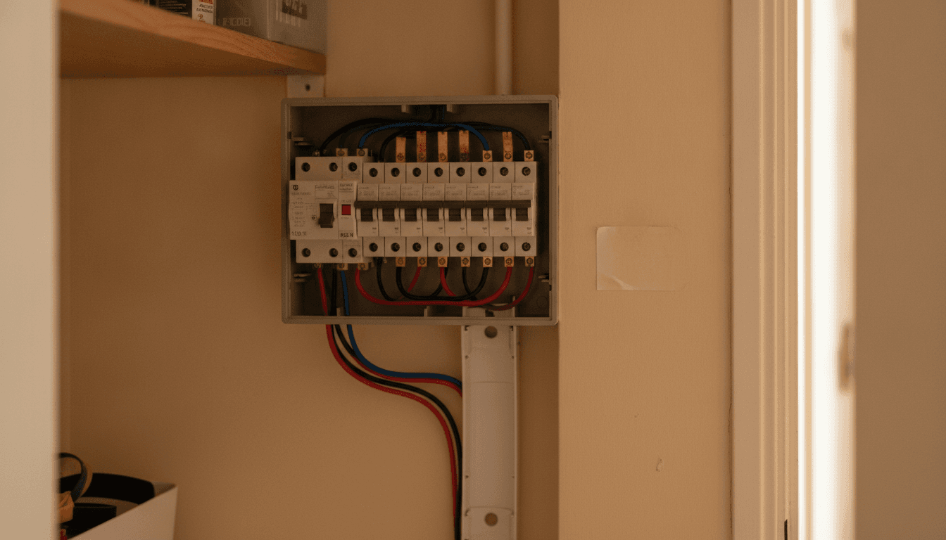 Cuadro eléctrico de una vivienda con la tapa retirada, mostrando los magnetotérmicos, el interruptor general y el diferencial