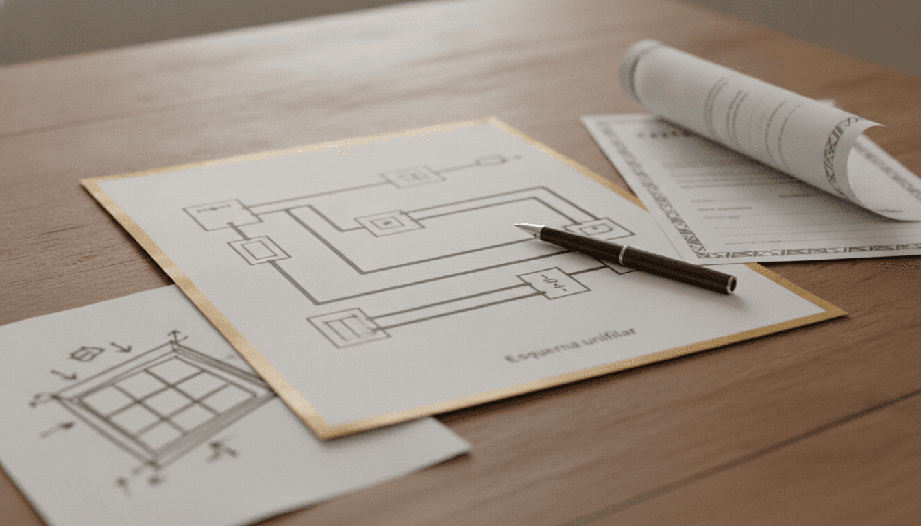 Documentación de una instalación solar doméstica sobre una mesa: esquema unifilar impreso, certificado de instalación y croquis del trazado