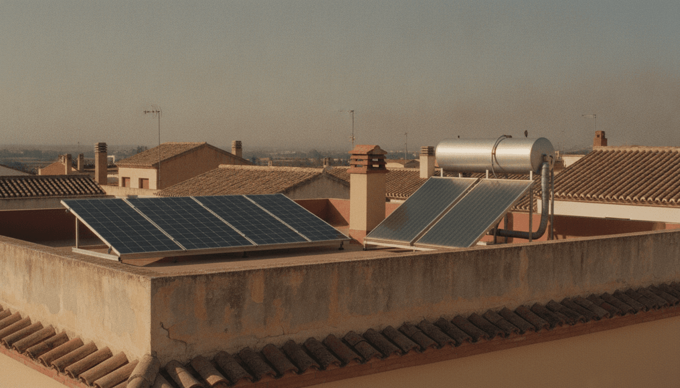 Cubierta de una vivienda española con dos tecnologías solares distintas una al lado de la otra: módulos fotovoltaicos a la izquierda y captadores solares térmicos con su acumulador cilíndrico a la derecha