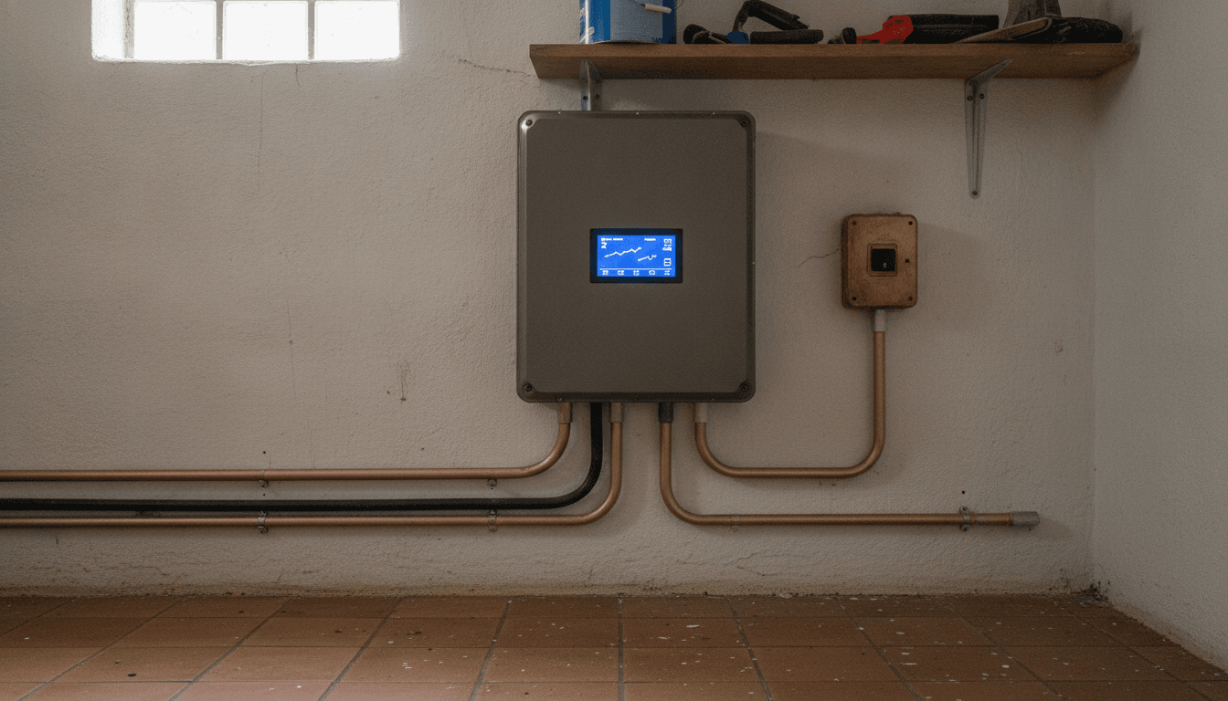 Inversor solar montado en la pared de un cuarto de instalaciones, con la pantalla encendida mostrando la producción y el seccionador de continua al lado