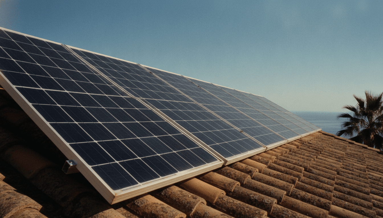 Hilera de paneles solares inclinados sobre un tejado de teja alicantino bajo la luz intensa del mediodía, con el Mediterráneo al fondo