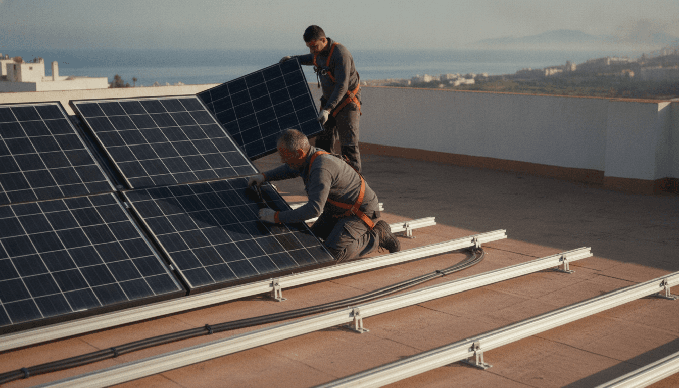 Dos instaladores fijan paneles fotovoltaicos sobre los raíles de aluminio de una cubierta plana en Alicante, con el mar al fondo