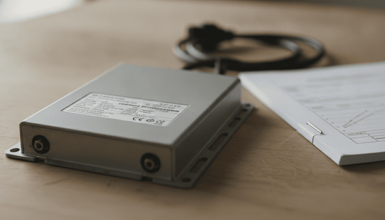 Microinversor de un kit solar enchufable sobre una mesa, con su etiqueta técnica y el marcado CE visibles, junto al cuadernillo de documentación y el cable de conexión