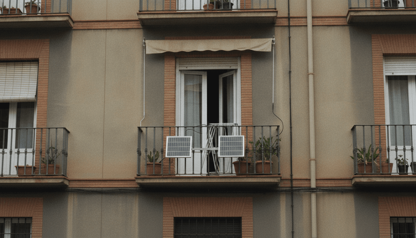 Dos paneles solares pequeños sujetos por fuera a la barandilla del balcón de un bloque de pisos español, con el cable entrando a la vivienda por la ventana entreabierta
