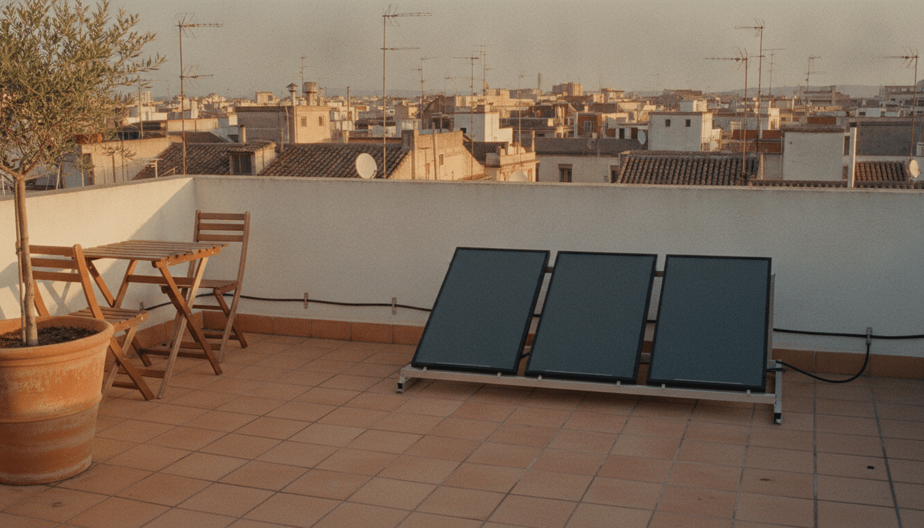 Tres paneles solares sobre una estructura inclinada en la terraza privada de un ático, con el cable grapado al zócalo del pretil y los tejados de la ciudad al fondo