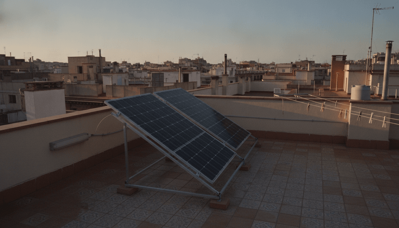 Paneles solares montados sobre estructura metálica inclinada en el terrado plano de un edificio de viviendas de Barcelona, con las azoteas del Eixample al fondo