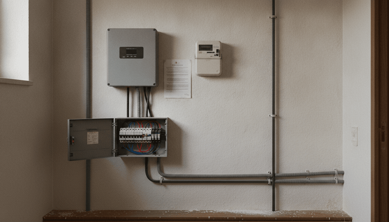 Inversor fotovoltaico y contador instalados en el cuarto técnico de un edificio de viviendas, con el cableado y las protecciones a la vista