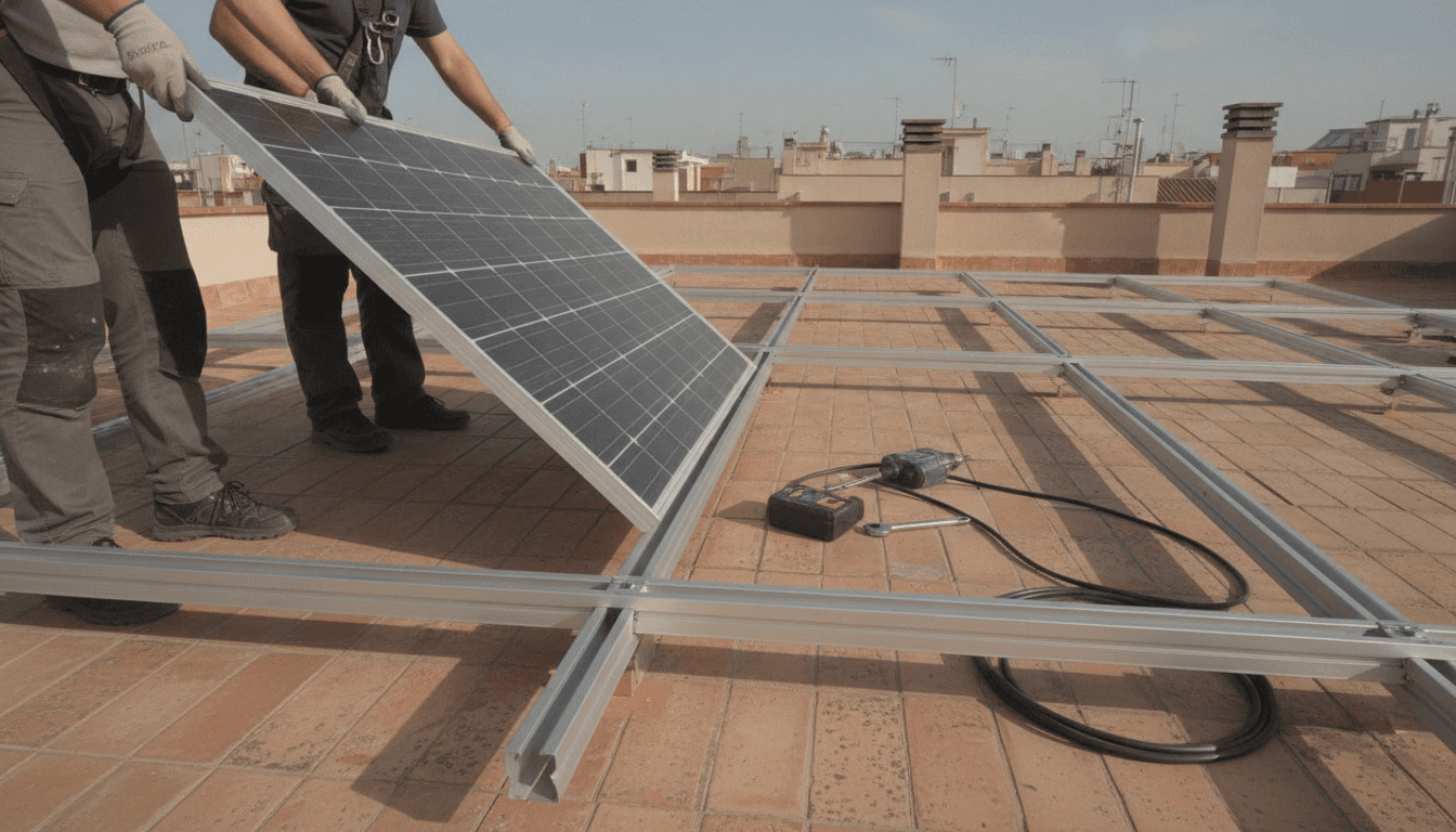 Instalador colocando un panel fotovoltaico sobre la estructura de soporte en la cubierta de un bloque de pisos de Barcelona