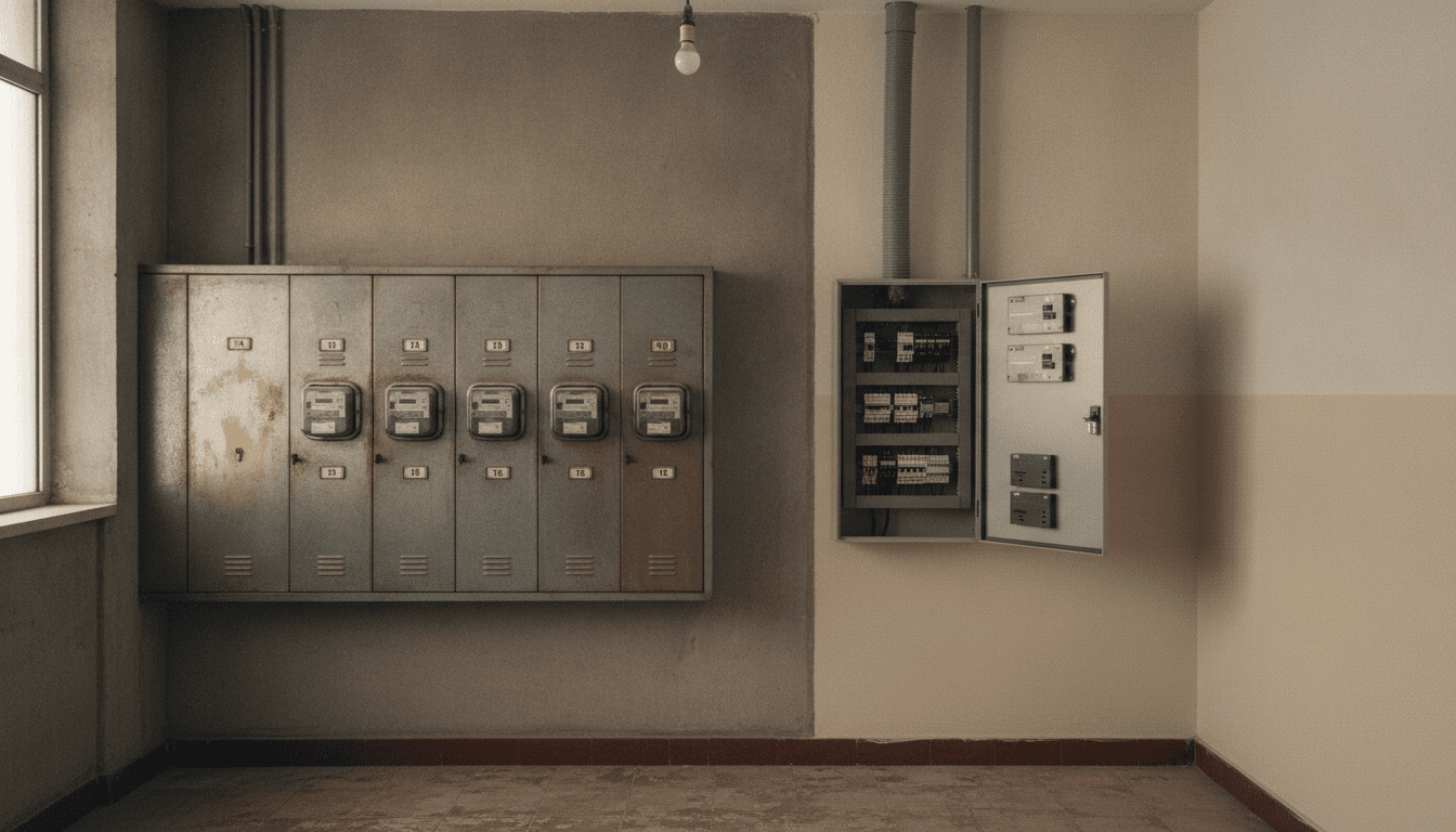 Cuarto de contadores de un edificio de viviendas: centralización de contadores numerados a la izquierda y, a la derecha, un cuadro de protección nuevo con la canalización bajando desde el techo