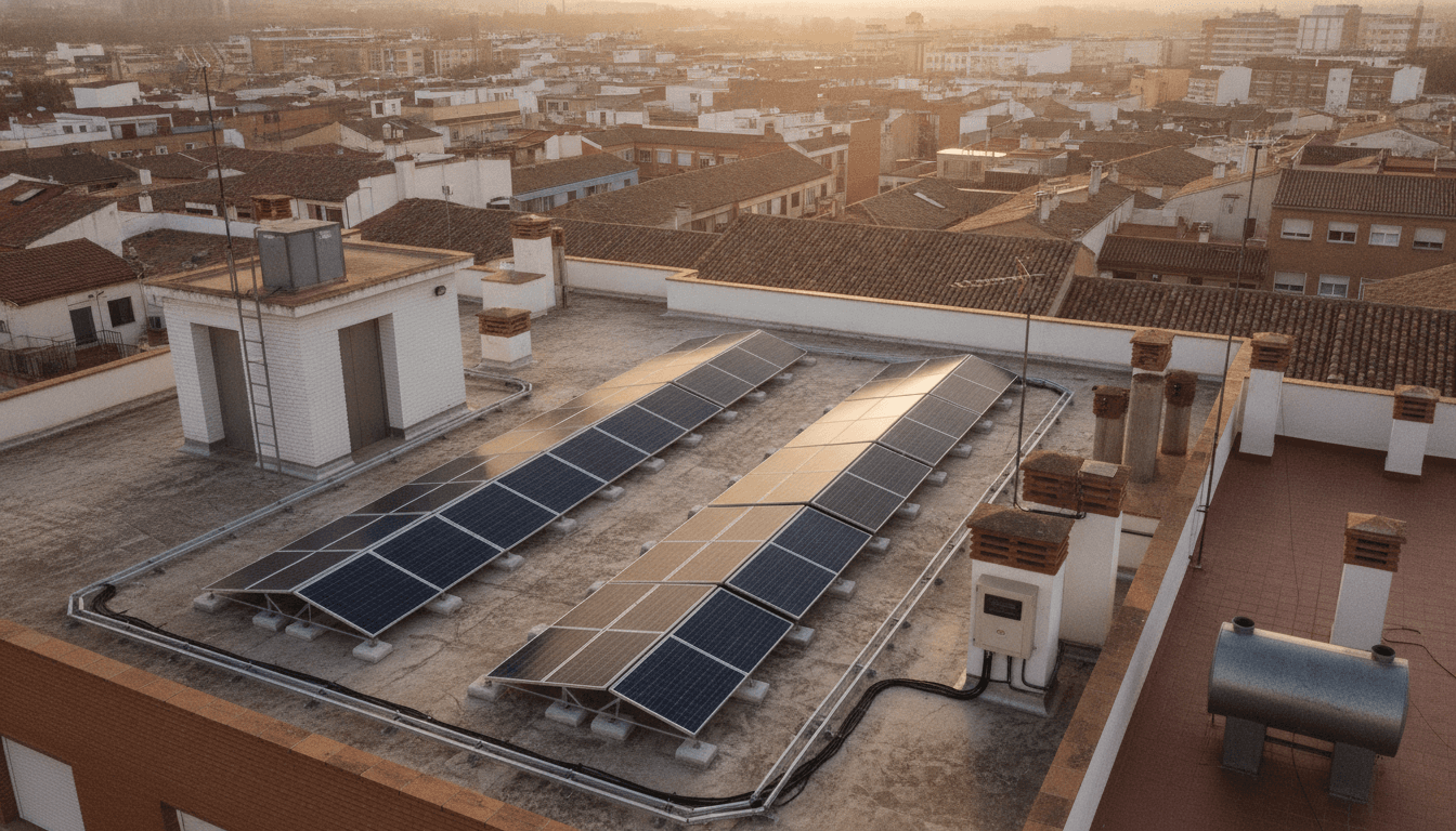 Cubierta plana de un bloque de viviendas con la instalación fotovoltaica terminada: dos hileras de paneles sobre estructura lastrada, bandeja de cables y el armario del inversor junto a los castilletes