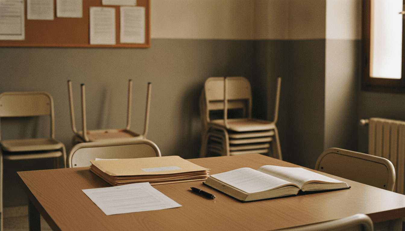 Sala de reuniones de una comunidad de propietarios tras la junta: el libro de actas abierto sobre la mesa junto al orden del día y varias carpetas, con las sillas retiradas