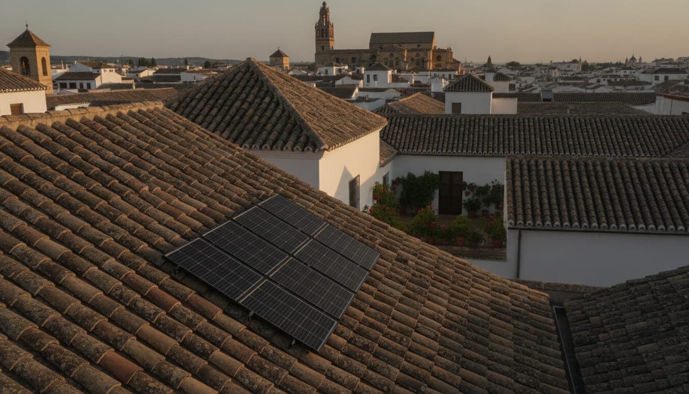 Cuatro paneles solares negros integrados bajo el plano de un tejado de teja árabe en una parcela renovada del casco histórico de Córdoba —el caso que el criterio de 2007 admite con condiciones—, con un patio de geranios entre las casas encaladas y la torre de la Mezquita-Catedral al fondo