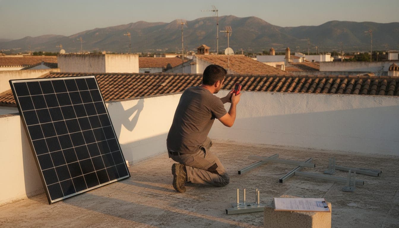 Instalador midiendo con un medidor láser la azotea encalada de una vivienda de Córdoba, con un panel solar apoyado en el pretil, la estructura de lastre a medio montar y un presupuesto impreso sobre un bloque, tejados y sierra al fondo