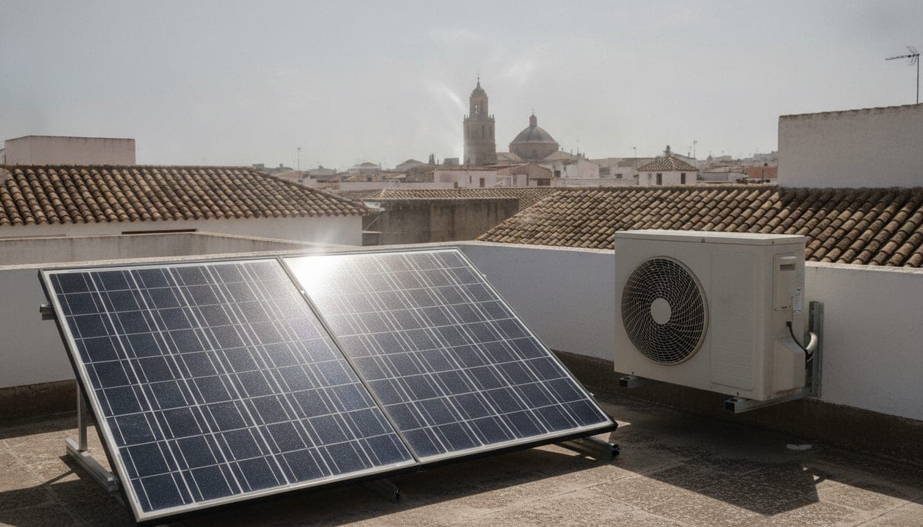 Dos paneles solares sobre estructura inclinada en una azotea de Córdoba a mediodía de verano, con el reflejo del sol en el vidrio y la unidad exterior de un aire acondicionado en la pared de al lado, tejados y una torre al fondo bajo un cielo blanco de calor