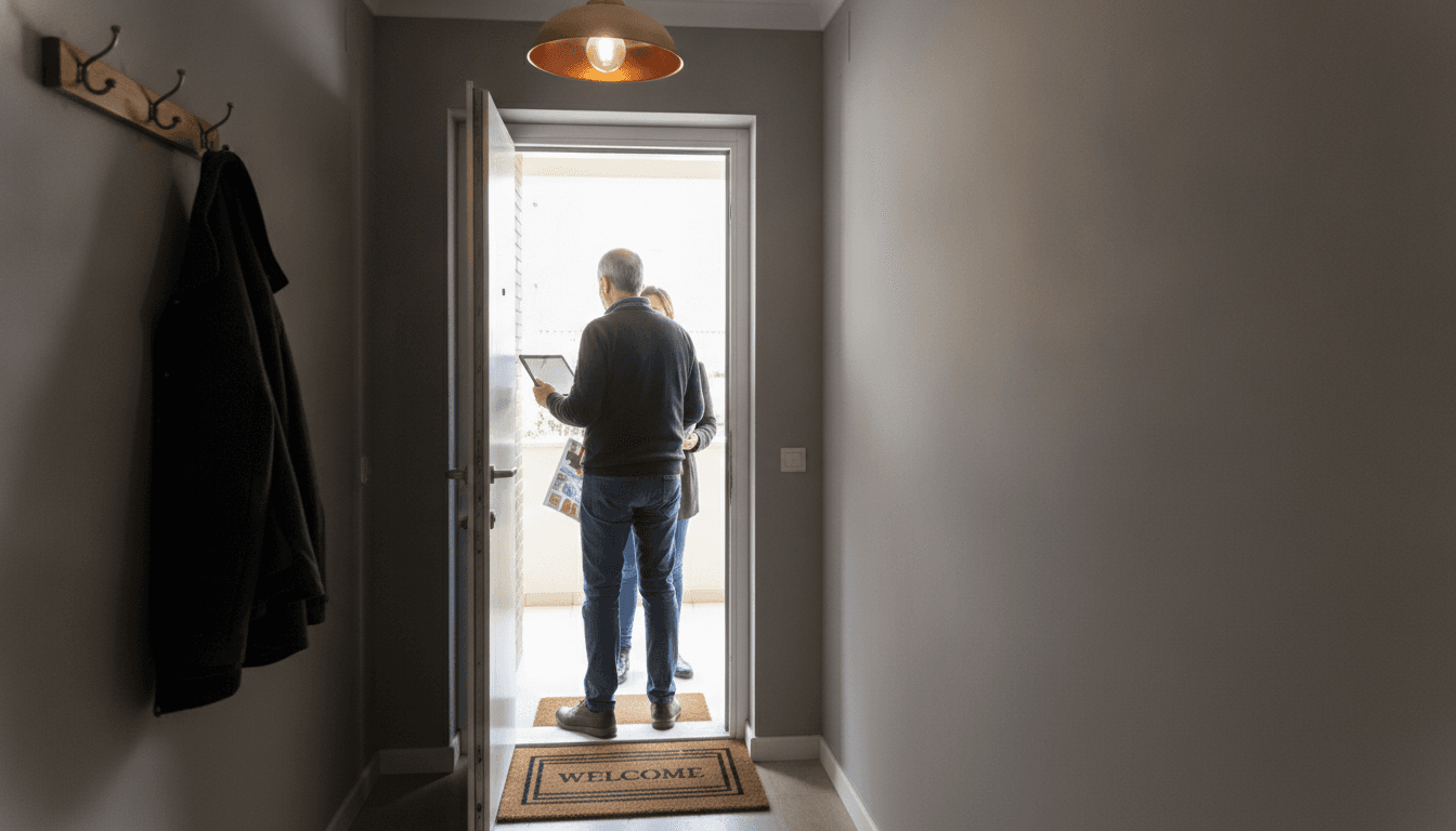 Vista desde el recibidor de una vivienda: una persona atiende en la puerta entreabierta a un comercial que sostiene una tableta y un dosier impreso.