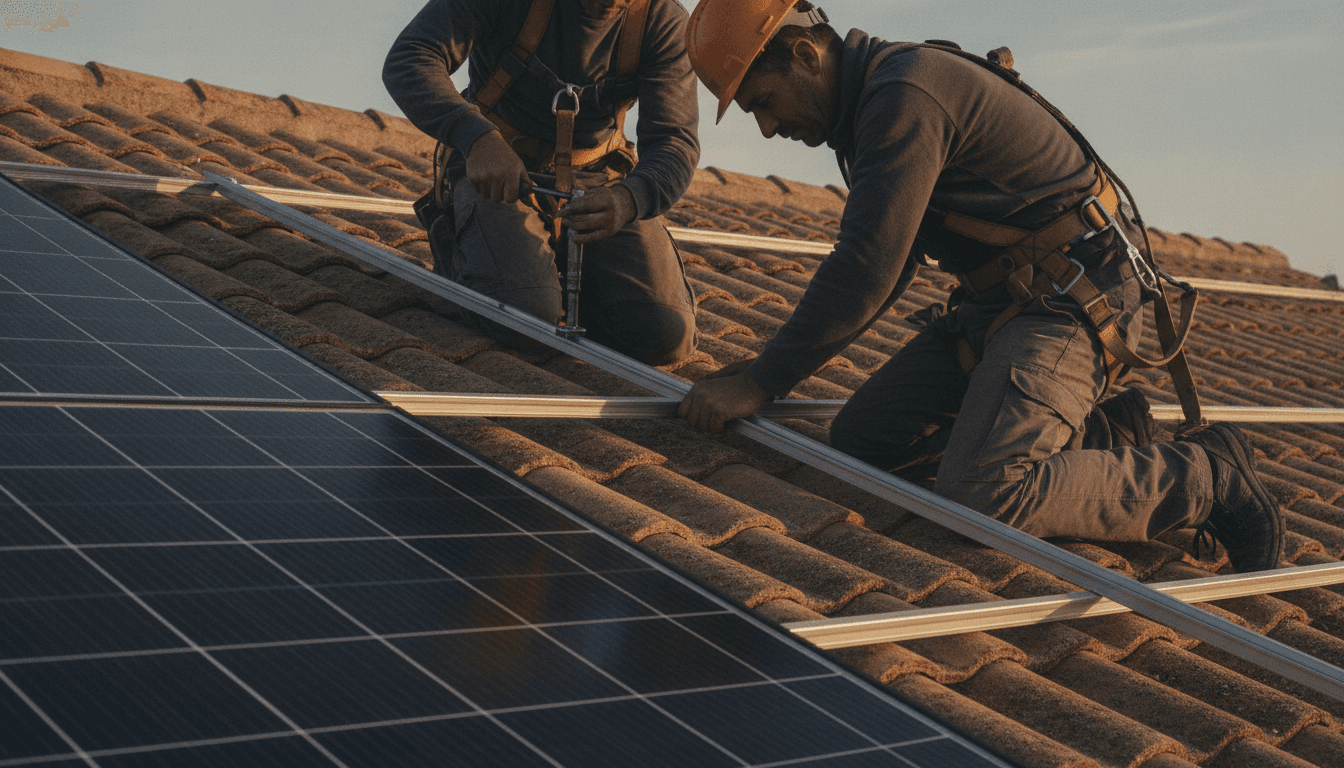 Dos instaladores con arnés de seguridad fijan un raíl de aluminio sobre una cubierta de teja española, junto a un panel fotovoltaico ya montado.