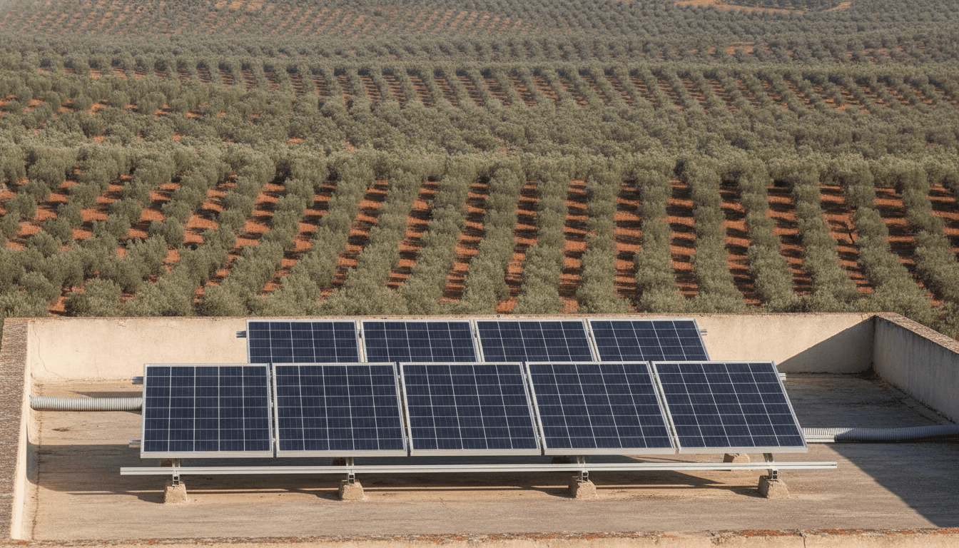 Pequeña instalación de paneles solares sobre la cubierta plana de una vivienda de la provincia de Jaén, con un olivar de hileras regulares ocupando toda la ladera al fondo