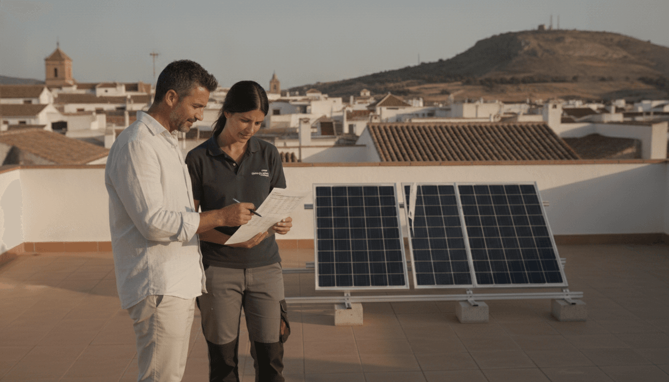 Propietario e instaladora revisan un presupuesto impreso en la azotea de una vivienda de Jaén, con paneles ya montados sobre estructura lastrada y el cerro de la ciudad al fondo