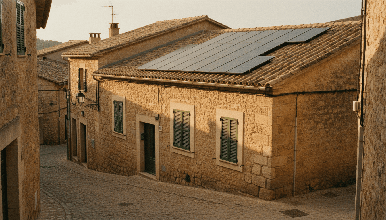 Instalación fotovoltaica discreta sobre una vivienda tradicional mallorquina de piedra de marés en un núcleo histórico, siguiendo la pendiente de la cubierta