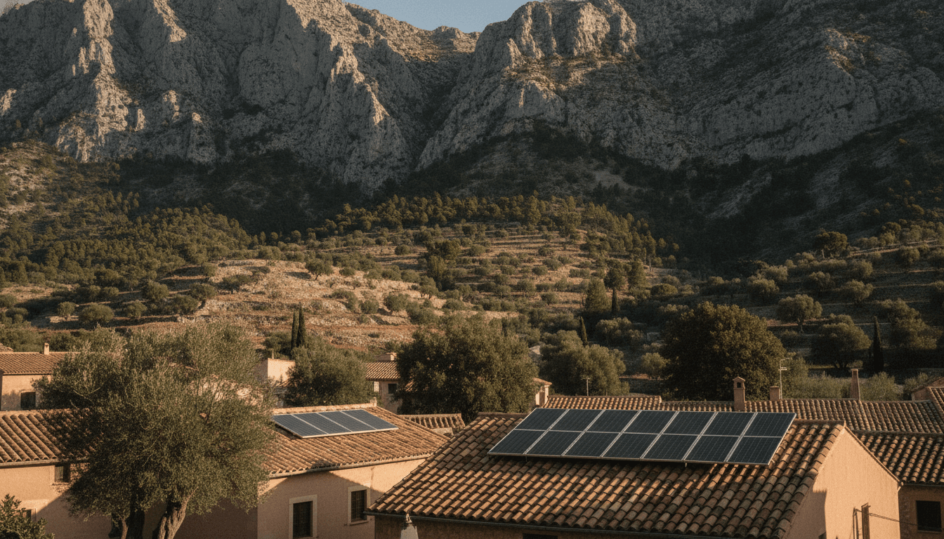 Tejados de un pueblo mallorquín al pie de la Serra de Tramuntana, con paneles en dos cubiertas y el relieve calizo proyectando sombra sobre la ladera