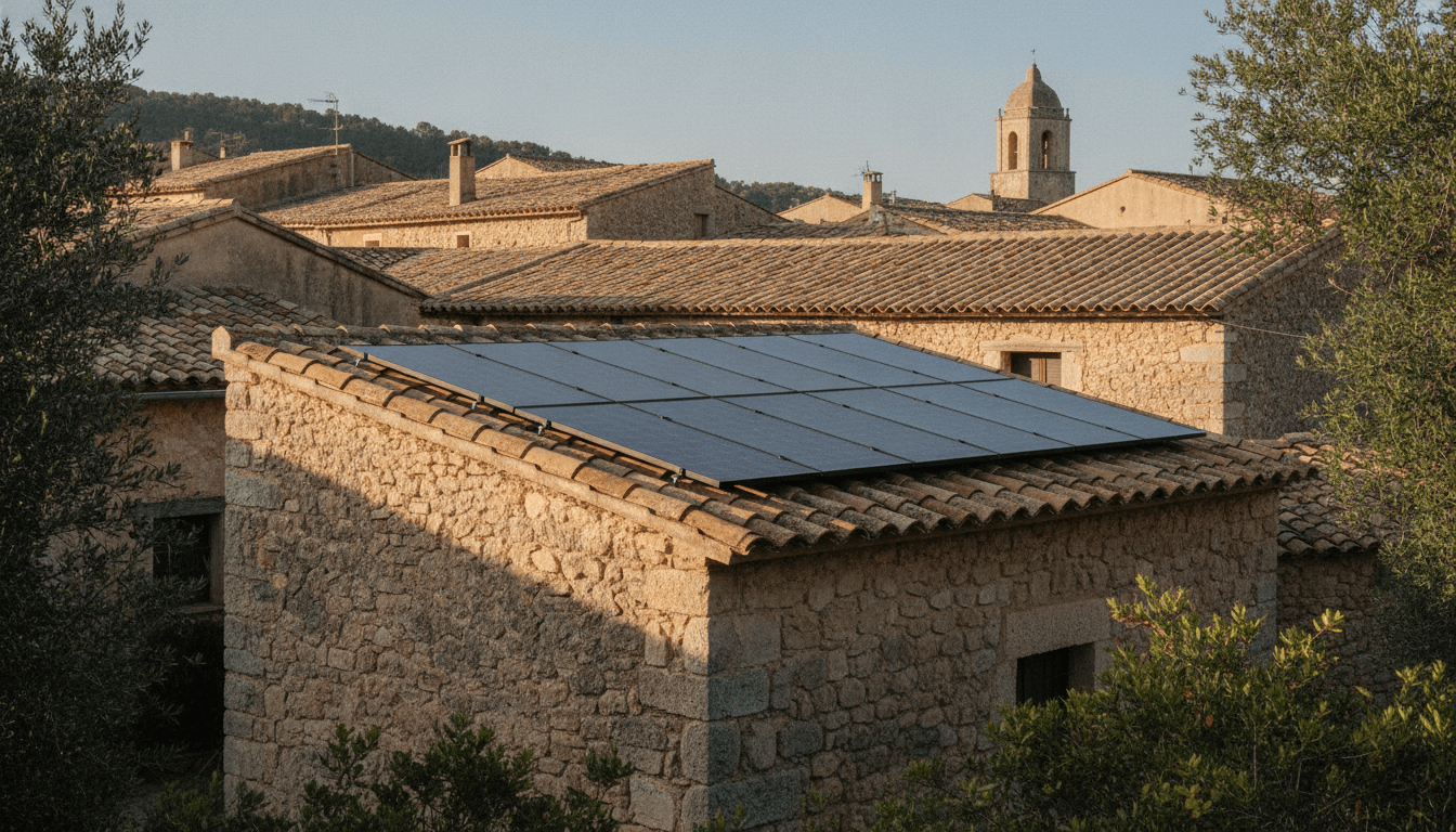 Placas solares sobre la cubierta de teja árabe de una casa de piedra en un pueblo de Mallorca, con otros tejados del mismo tipo al fondo