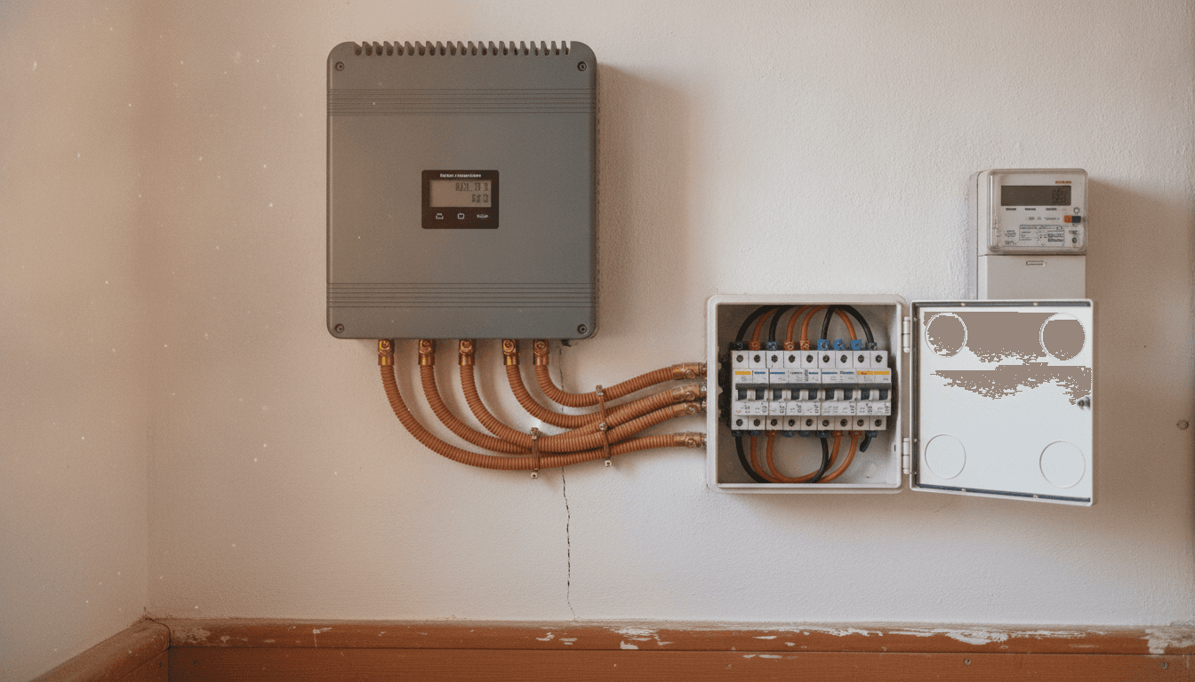 Inversor fotovoltaico doméstico montado en la pared, con los tubos corrugados que bajan al cuadro de protecciones y el contador bidireccional al lado
