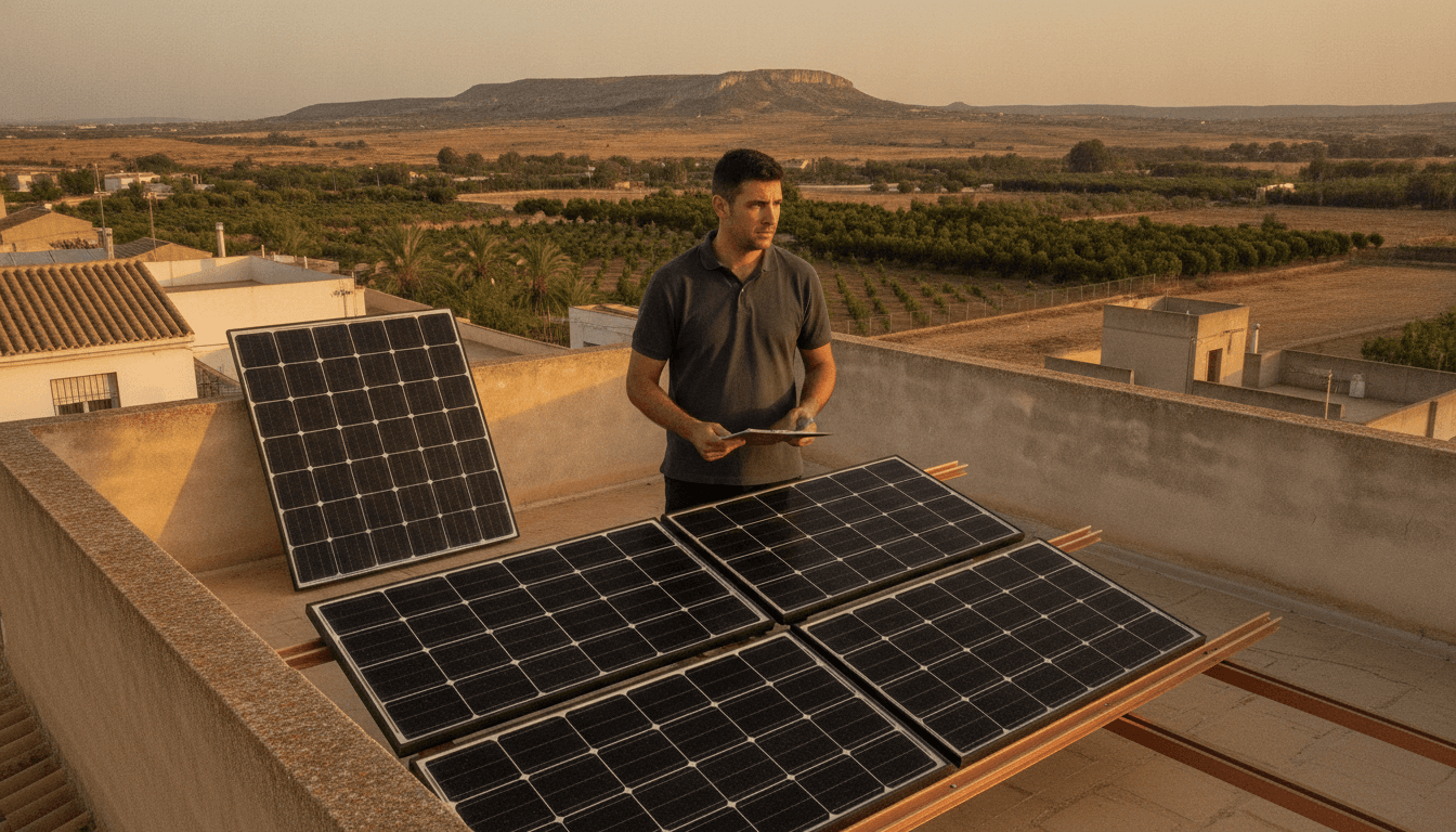 Instalador con el presupuesto en la mano junto a paneles fotovoltaicos a medio montar sobre la azotea de una vivienda de Murcia, con la huerta y una loma caliza al fondo