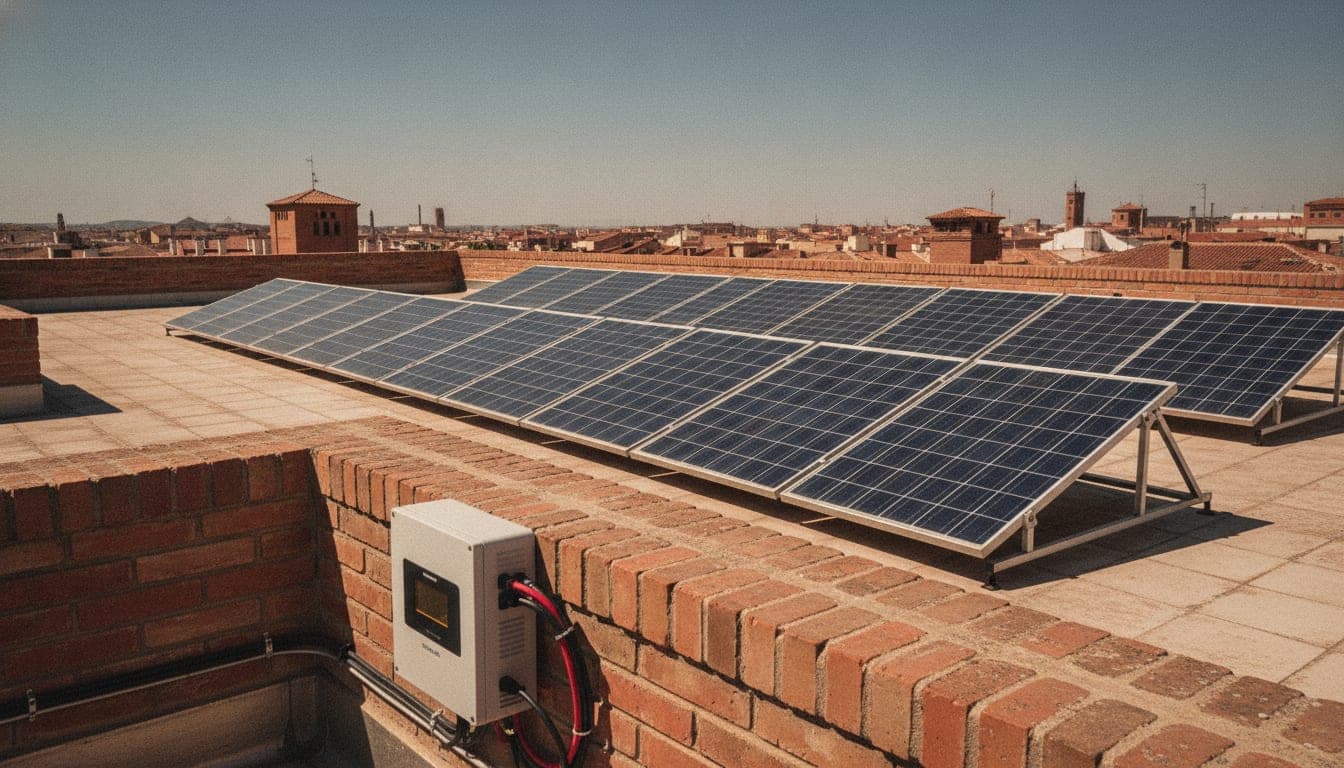 Dos filas de paneles solares sobre estructura inclinada en la azotea de un edificio de ladrillo de Valladolid, a pleno sol de julio bajo un cielo azul limpio, con el inversor y su pantalla montados en el pretil y los tejados de teja y torres de ladrillo de la ciudad al fondo