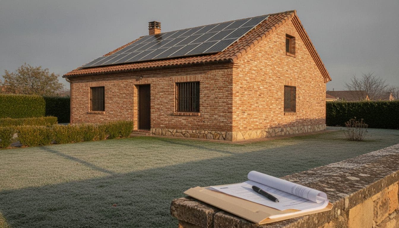 Casa unifamiliar de ladrillo visto de las afueras de Valladolid con paneles solares alineados sobre su tejado de teja, en una mañana de invierno con escarcha en el césped, y en primer plano una carpeta con documentos y un bolígrafo sobre el muro del jardín, la documentación que pide el Ayuntamiento para bonificar el IBI