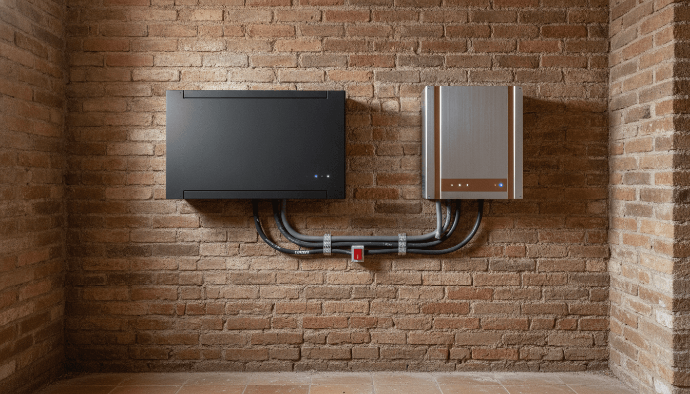 Batería doméstica e inversor híbrido montados en la pared de ladrillo del cuarto de instalaciones de una vivienda, con el cableado y el seccionador a la vista
