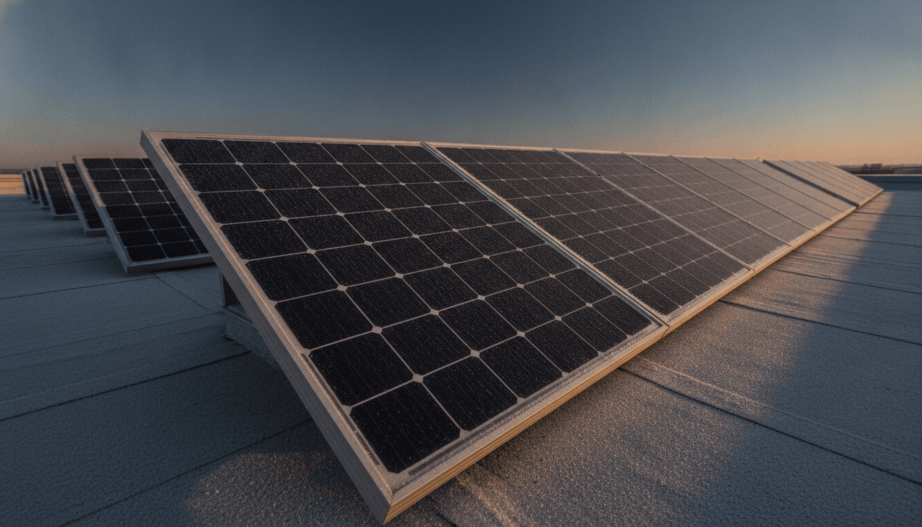 Hilera de módulos fotovoltaicos inclinados sobre una cubierta plana de Zaragoza con escarcha en los marcos y luz rasante de una mañana de invierno