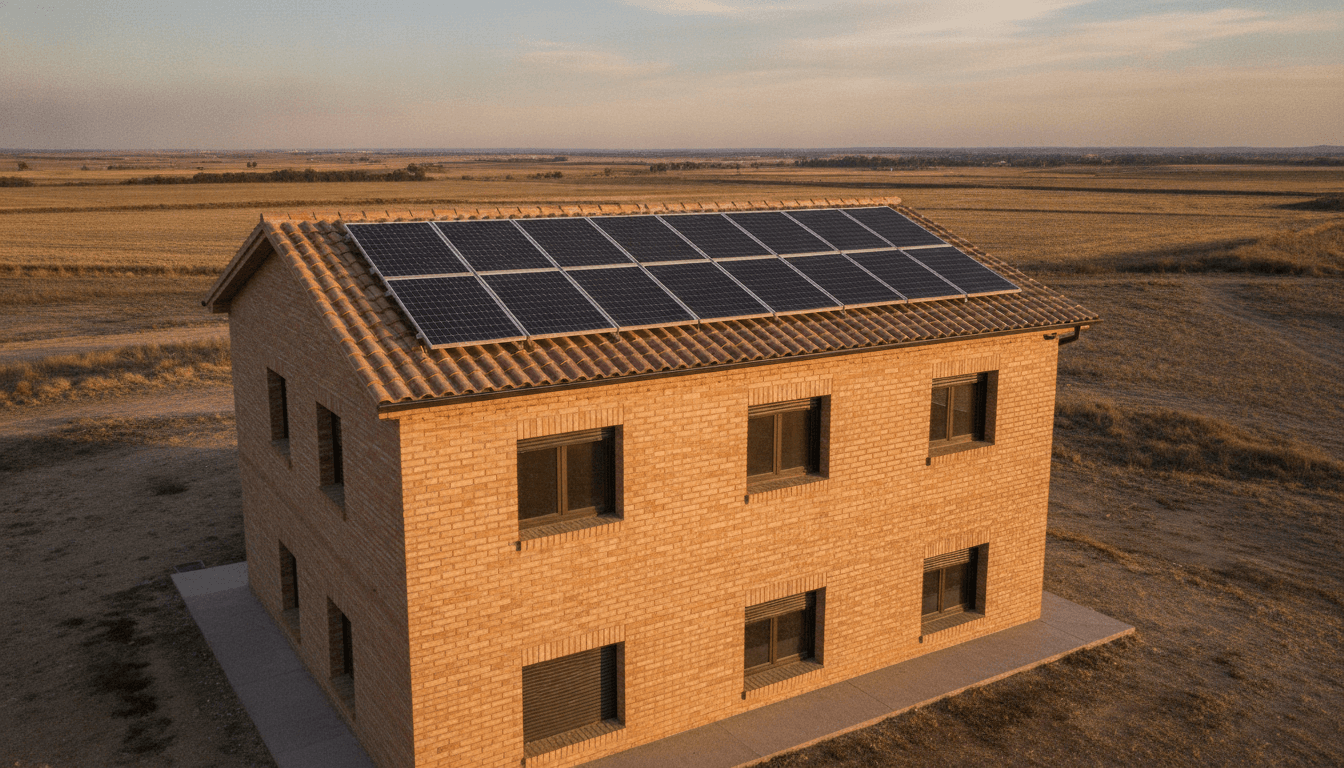 Vivienda unifamiliar de ladrillo en las afueras de Zaragoza con una hilera de paneles fotovoltaicos montados sobre su cubierta de teja, el supuesto que el Ayuntamiento tramita por declaración responsable