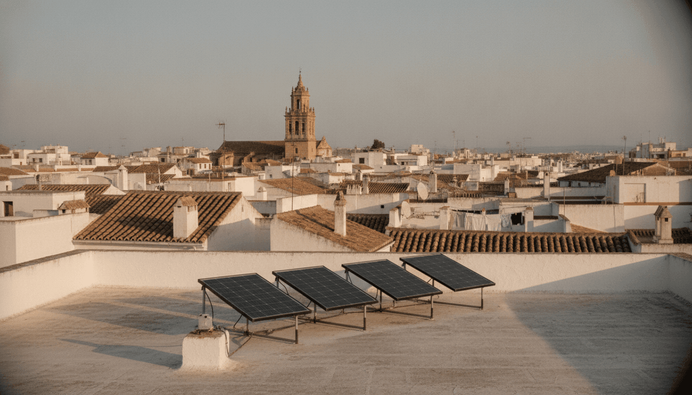 Tejados del casco histórico de una ciudad andaluza vistos desde una azotea, con paneles solares instalados sobre una de las cubiertas planas en primer plano y una torre campanario al fondo.