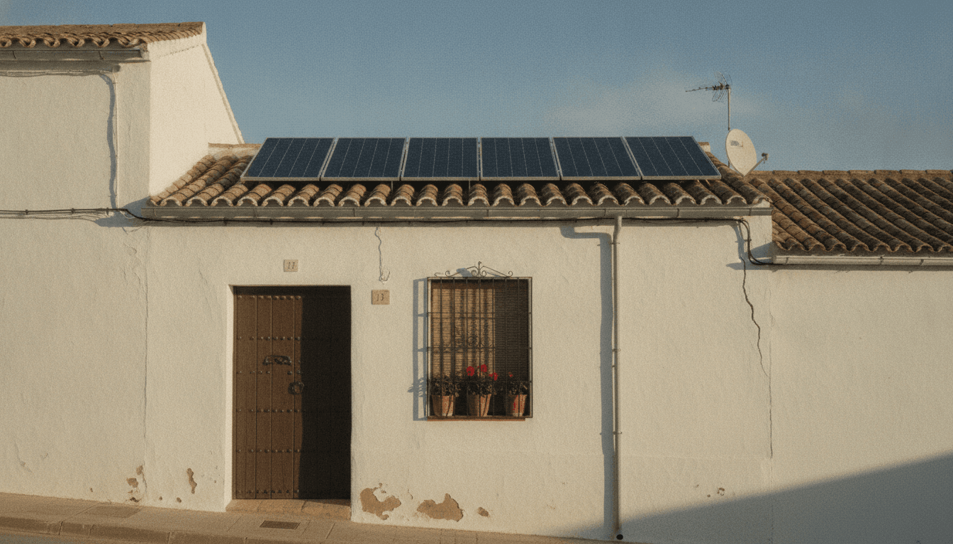 Fachada encalada de una vivienda tradicional andaluza, con puerta de clavos y reja, y una hilera de placas solares sobre la teja árabe del alero