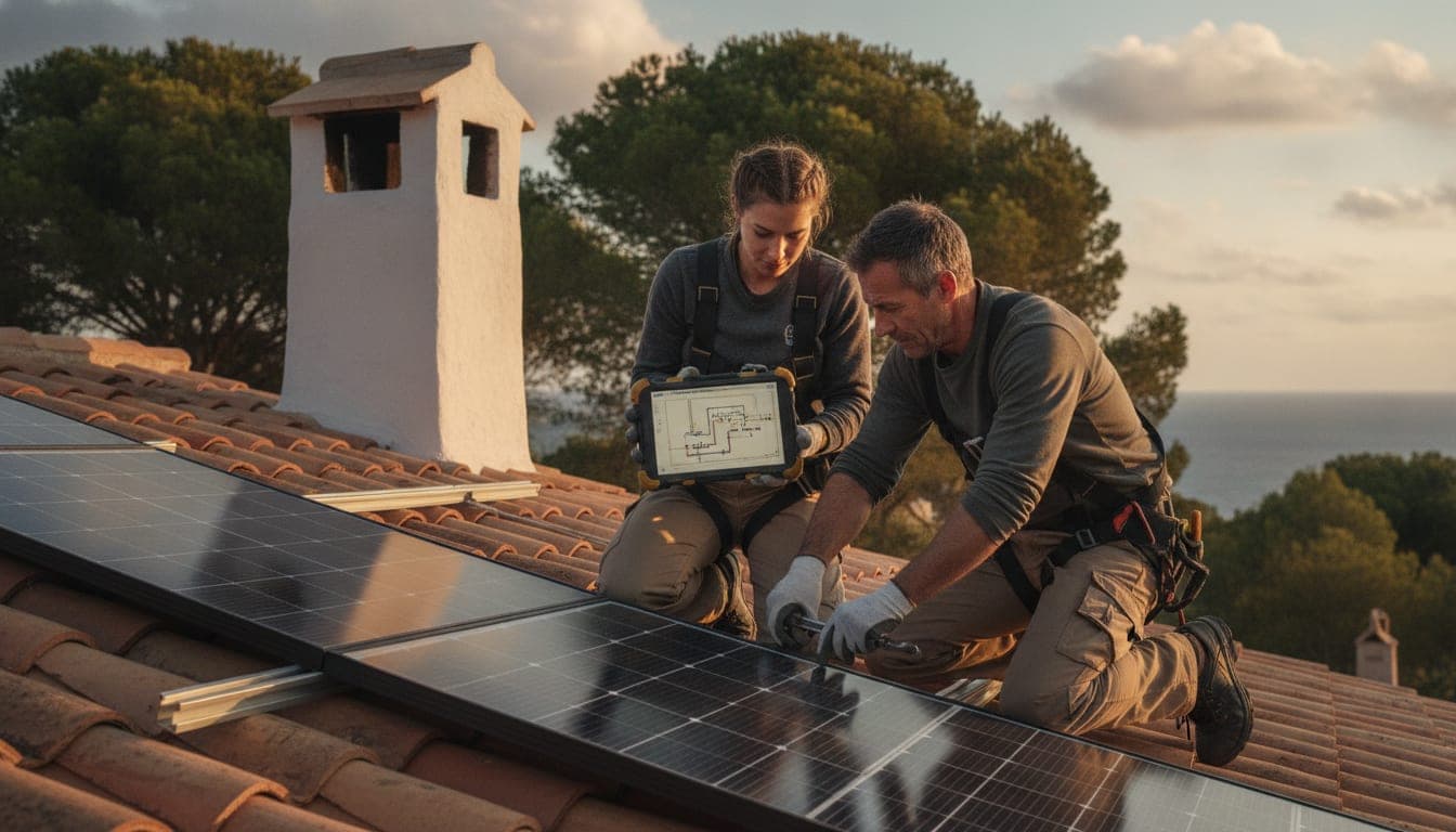 Dos instaladores ajustan la fijación de un panel fotovoltaico sobre la cubierta de teja de una vivienda mallorquina al atardecer, uno de ellos sosteniendo una tableta con el esquema eléctrico