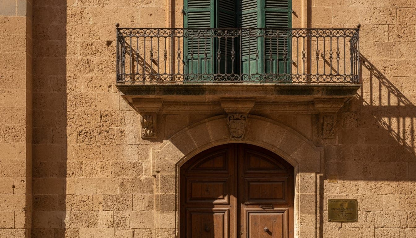 Fachada de piedra labrada de un edificio histórico del casco antiguo de Palma, con contraventanas de madera y balcón de hierro forjado bajo la luz de la tarde