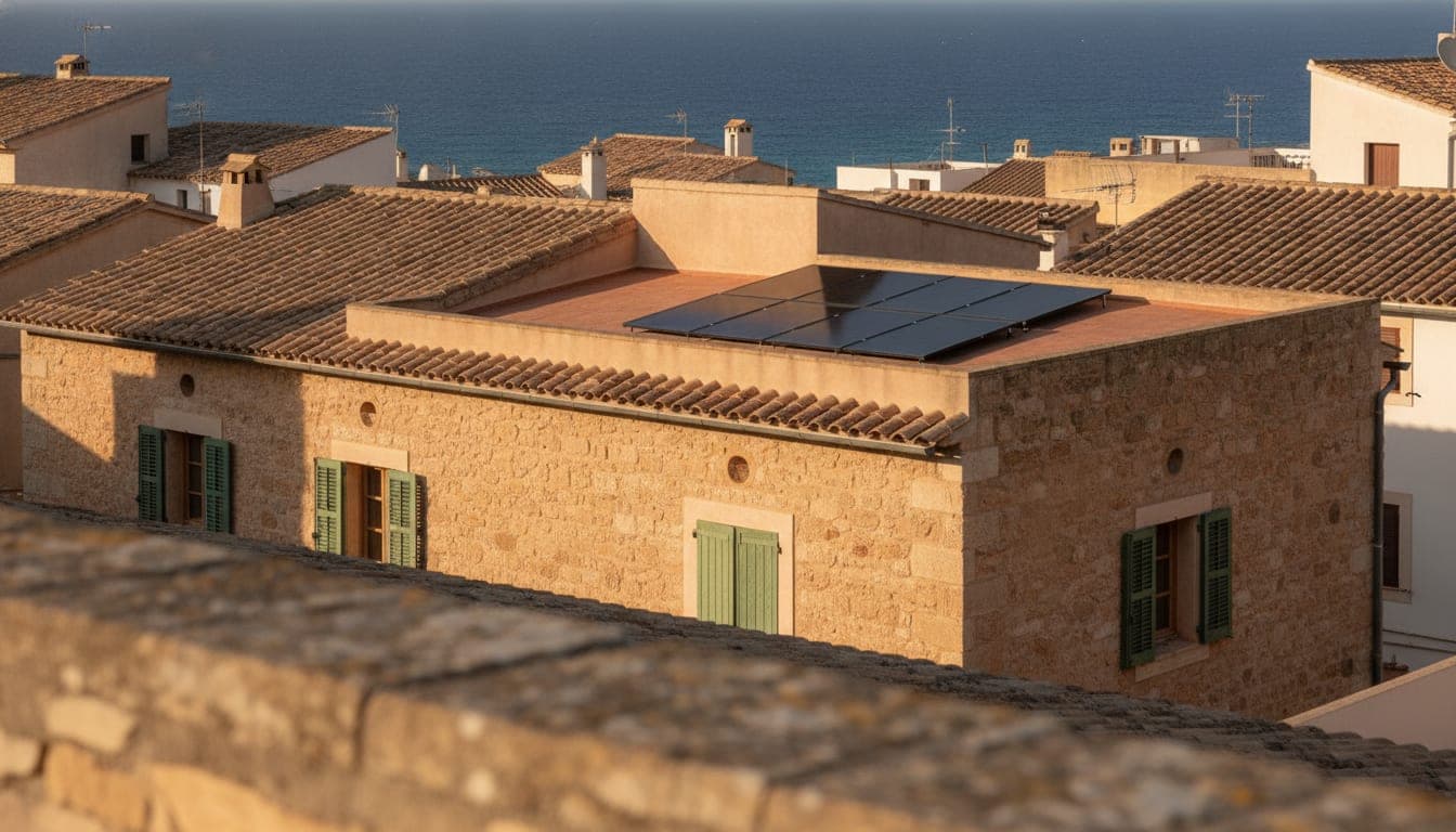 Vivienda de piedra mallorquina con contraventanas verdes vista desde una azotea vecina, con una hilera de placas solares sobre la parte plana de la cubierta y el mar al fondo
