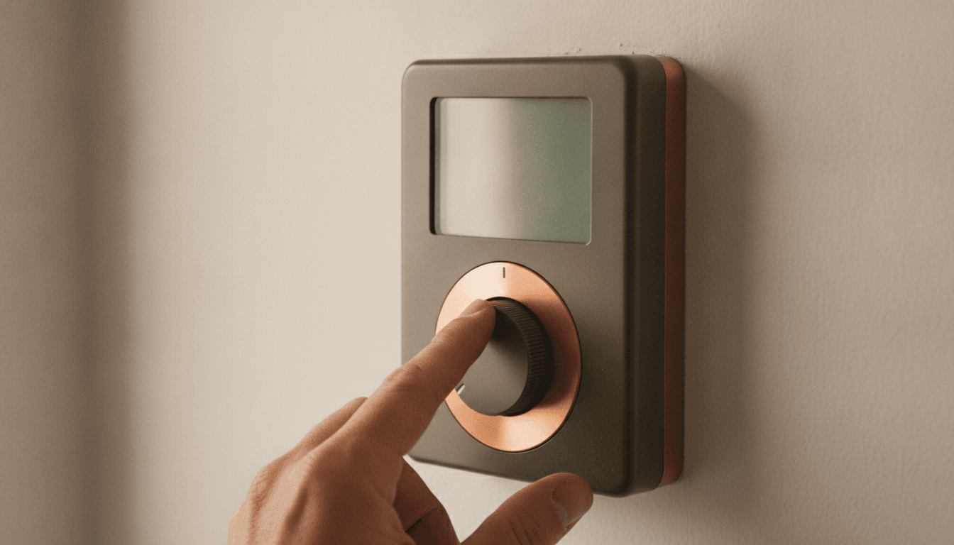 Termostato de pared en una vivienda, con la pantalla apagada y una mano a punto de accionar su rueda.