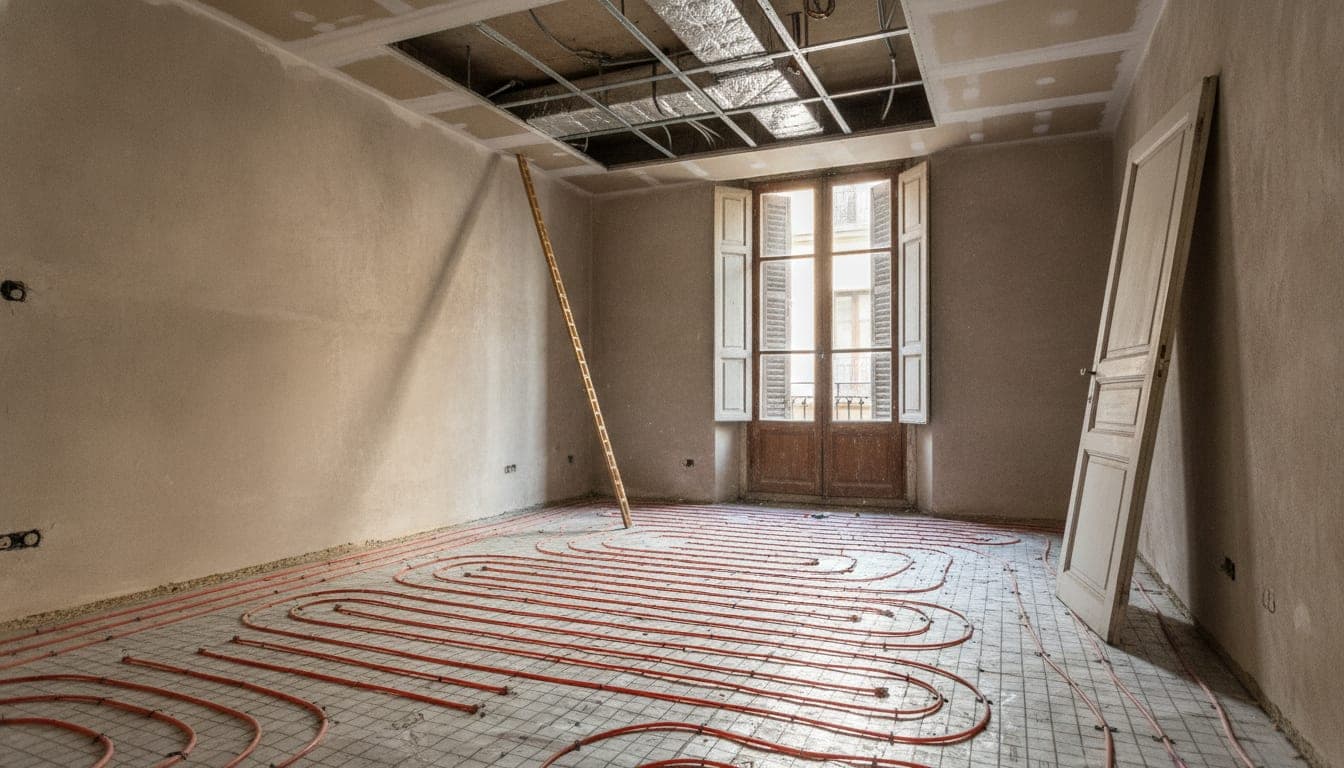 Piso de Madrid en obra con el circuito de suelo radiante ya tendido sobre el pavimento, el falso techo a medio montar dejando ver el paso de instalaciones, un metro plegable apoyado contra la pared y una hoja de puerta retirada junto al balcón
