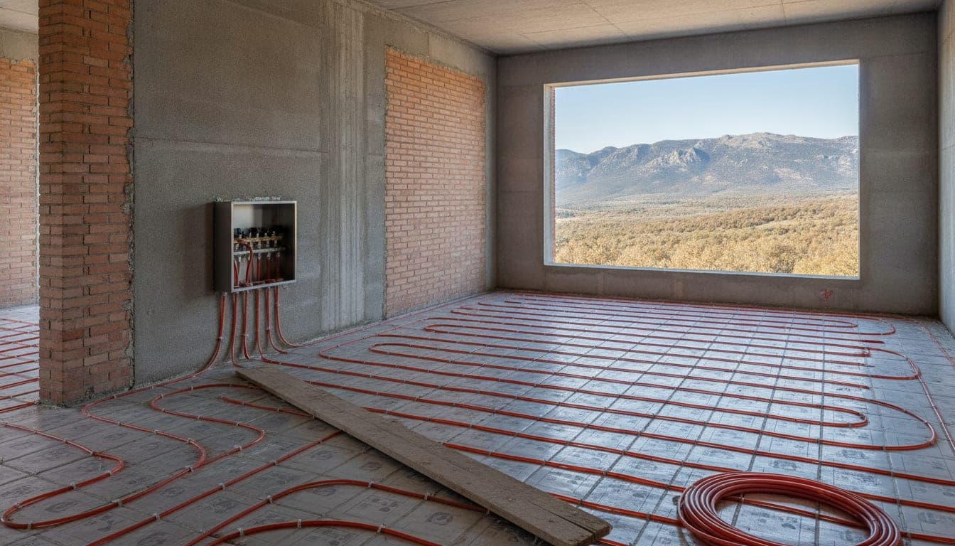 Planta baja de un chalet en construcción en la sierra de Madrid, con los circuitos de suelo radiante tendidos sobre panel aislante y el colector empotrado en el muro, y las montañas de granito al fondo por el hueco de la ventana