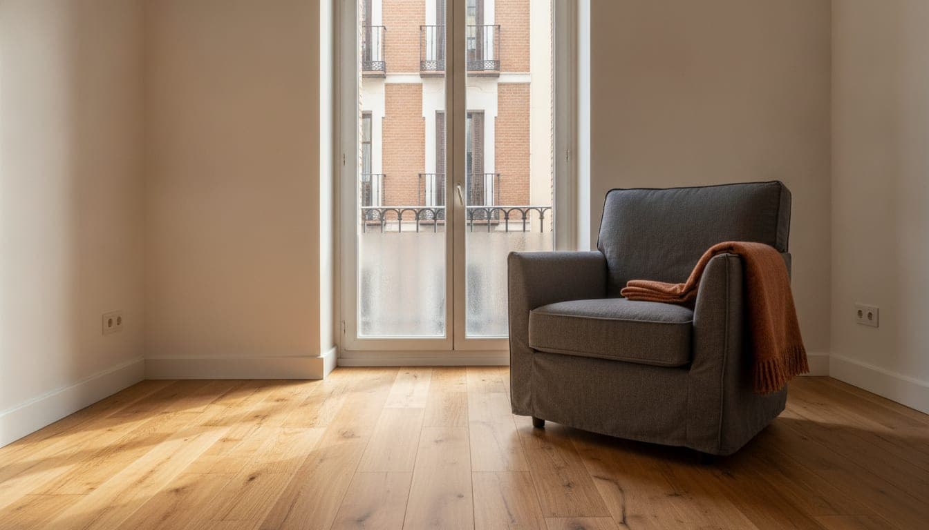 Salón de un piso de Madrid en una mañana de invierno, con el suelo de madera como único emisor, las paredes sin radiadores y condensación en el balcón frente a una fachada de ladrillo madrileña